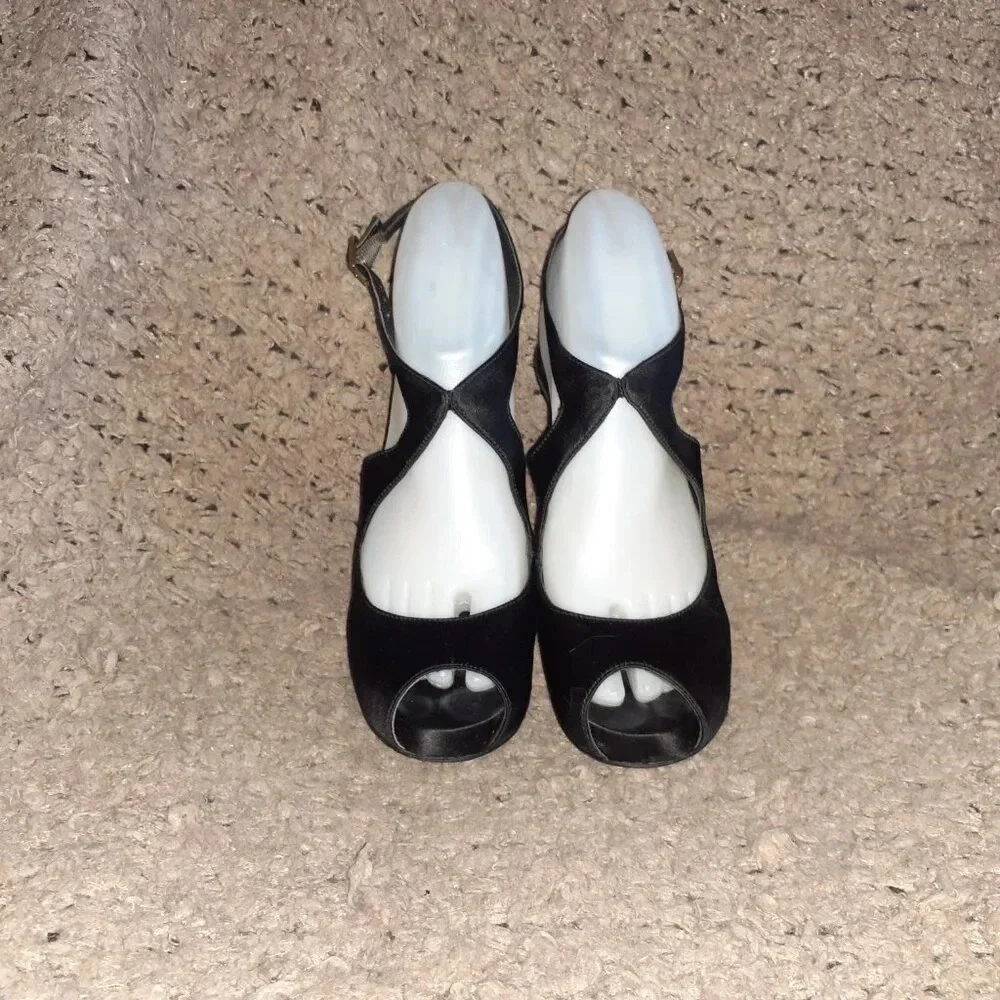 FENDI-Black Satin Peep Toe Platform Slingback Sandals-Sz 37.5-Excellent - Picture 3 of 8